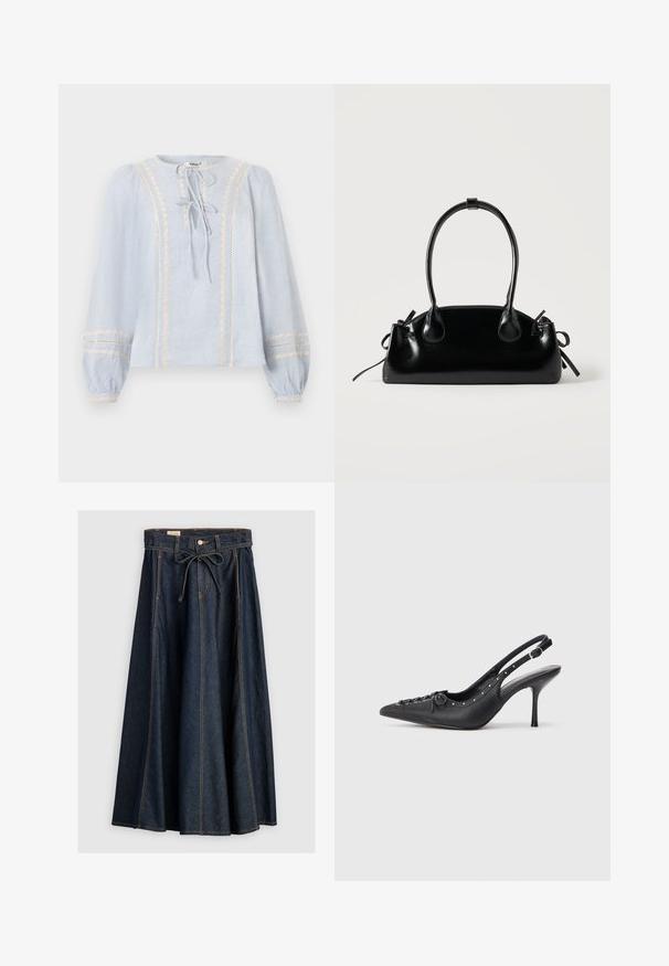 Blouse bleu clair à manches longues avec une bordure en dentelle crème verticale, deux fermetures à nouer à l'avant et des poignets élastiques ornés de dentelle assortie.; Levi's® XL SKIRT - Jupe en jean - square circle; Escarpin en cuir noir à talon aiguille avec un bout pointu, une bride latérale à boucle, des clous le long du bord et un laçage décoratif à l'avant.; Petit sac à main noir brillant avec deux longues anses et des détails à cordon sur les côtés sur un fond clair uni.