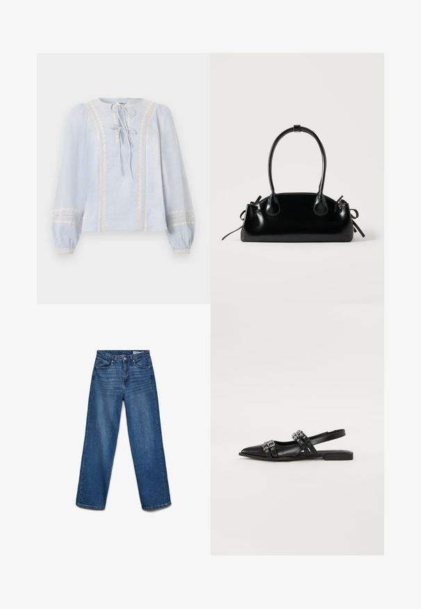 Blusa de manga larga azul claro con ribete de encaje crema vertical, dos cierres frontales de lazo y puños elásticos con detalles de encaje a juego.; Vaqueros azules de pierna recta con botón y cremallera delanteros, cinco bolsillos y detalles sutiles de desgaste en los muslos.; Even&Odd by Zalando Bailarinas con tira trasera - black; Pequeño bolso negro brillante con dos asas largas y detalles de cordón lateral sobre un fondo claro liso.