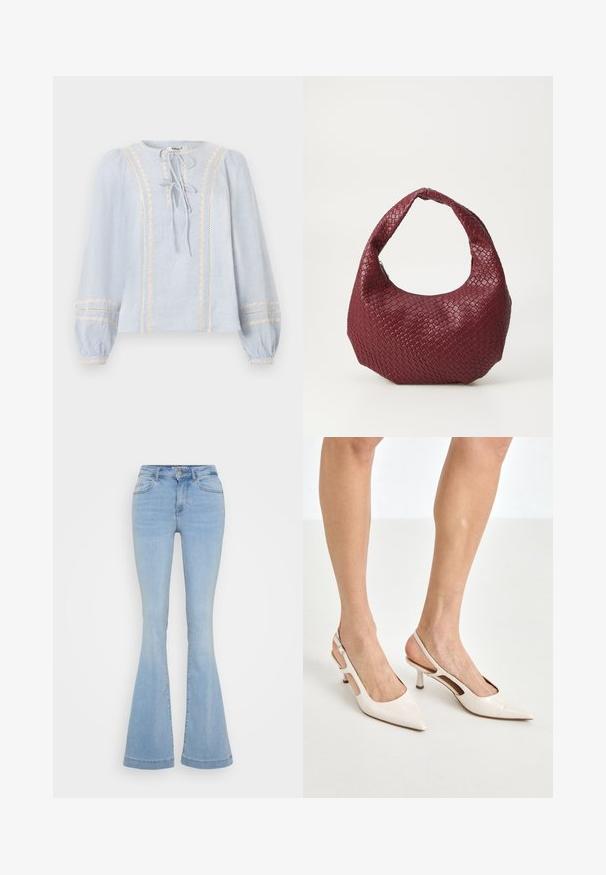 Lichtblauwe blouse met lange mouwen, verticale crèmekleurige kanten bies, twee sluitingen aan de voorkant met strik, en elastische boorden met bijpassende kantdetails.; Lichtblauwe flare jeans van denim, met een hoge taille, vijf zakken en contrasterend stiksel langs de naden.; Beige gepatineerde leren slingback hakken met een spitze neus en een hak van 5 cm, met uitsparingen aan de zijkanten en een dunne enkelband.; Geweven bordeaux handtas met een afgeronde silhouet, een enkele handgreep en een gestructureerde afwerking. Ritssluiting aan de bovenkant.