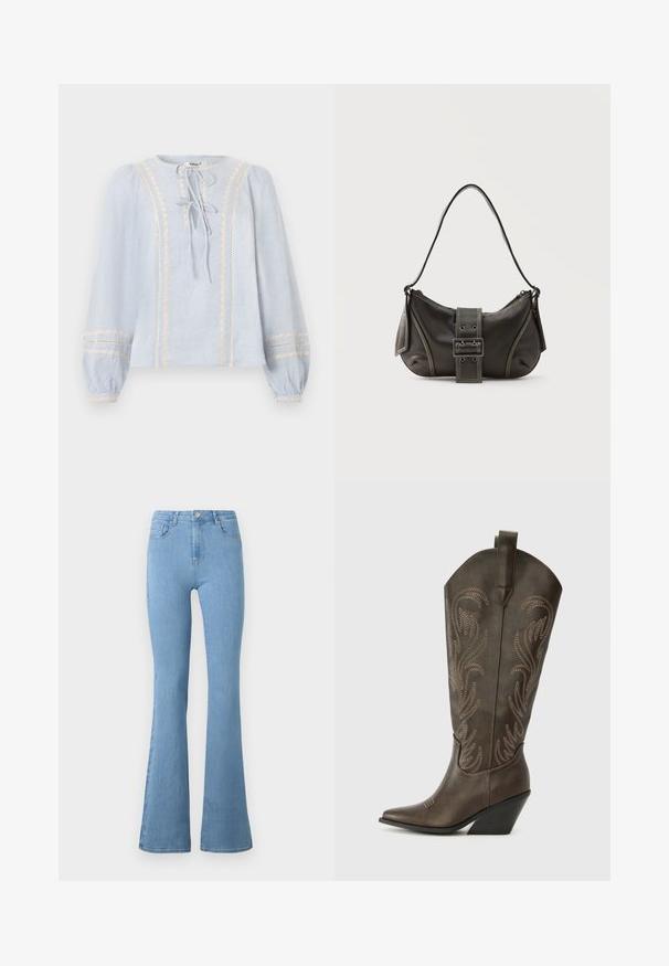 Hellblaue langärmelige Bluse mit vertikaler cremefarbener Spitzenverzierung, zwei vorderen Binderverschlüssen und elastischen Manschetten mit passender Spitzenapplikation.; Helle blaue Schlagjeans aus Denim, mit hoher Taille, fünf Taschen, einem Reißverschluss auf der Vorderseite und einem metallischen Knopfverschluss.; Braune Leder-Cowboystiefel mit einer spitzen Zehe, Wedge-Absatz und dekorativer Stickerei. Besitzt einen hohen Schaft und eine Zuglasche.; Schwarze Leder-Schultertasche mit Schnallengurt-Detail, abgerundeten Kanten und kontrastierenden weißen Nähten auf schlichtem Hintergrund.