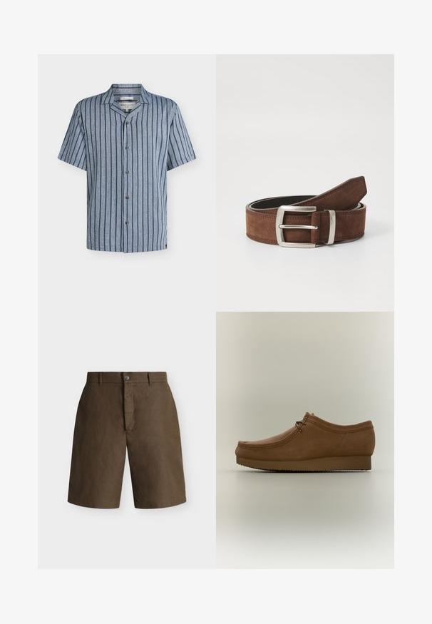 Chemise à manches courtes avec rayures verticales bleues, col ouvert et cinq boutons sur le devant sur fond gris clair.; Short marron longueur genou avec passants pour ceinture, fermeture par bouton et braguette zippée cachée sur fond uni clair.; Chaussure style mocassin en cuir marron avec détails cousus et lacet, semelle plate et marquage en relief sur le côté.; Ceinture en suède marron avec une boucle en métal argenté et des détails de coutures linéaires. La ceinture est plate et a une largeur et une forme classiques.