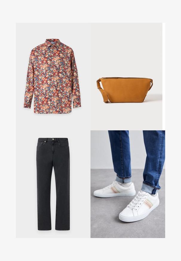 Chemise à manches longues boutonnée avec un motif floral dense dans des tons rouges, orange, bleu et crème sur un fond neutre.; Jeans en denim noir avec une coupe droite, cinq poches et des accents en métal. Le tissu présente une finition lisse et légèrement texturée.; Baskets en cuir blanc avec des rayures multicolores, design à lacets, semelle en caoutchouc et col rembourré, associées à un jean en denim bleu.; Sac bandoulière en cuir marron clair avec sangle réglable et fermeture éclair, présenté sur un fond clair uni.