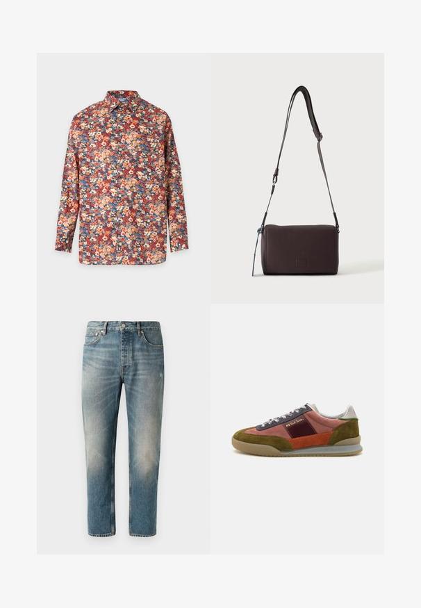Overhemd met lange mouwen en knopen, met een dicht bloemenpatroon in rood, oranje, blauw en crèmekleuren op een neutrale achtergrond.; Lichtblauwe denim jeans met een rechte snit. Met een knoopsluiting, vijf zakken en subtiele vervagings en wassing op de dijen.; PS Paul Smith DOVER - Sneakers laag - pink; Donkerbruine gestructureerde leren crossbodytas met verstelbare riem en klein decoratief blauw accent aan de zijkant.