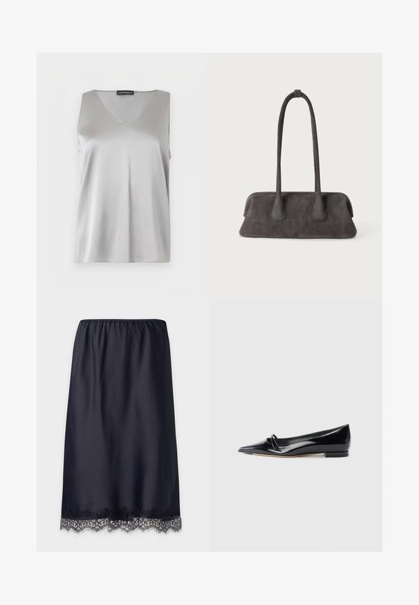 Haut sans manches en satin argenté avec col en V et étiquette Emporio Armani sur fond blanc.; Jupe mi-slip en satin noir avec ceinture élastique et bordure en dentelle à l’ourlet sur un fond uni.; Chaussure plate en cuir verni noir avec un bout pointu, une petite lanière décorative et un petit talon carré. Texture lisse et design épuré.; Sac à main en daim gris foncé avec une large base rectangulaire et deux longues bretelles fines sur un fond uni.