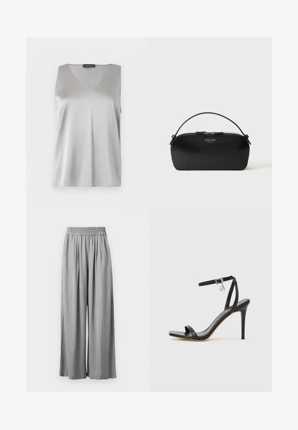 Haut sans manches en satin argenté avec col en V et étiquette Emporio Armani sur fond blanc.; Pantalon gris clair à jambes larges avec taille élastique et plis subtils, présenté à plat sur un fond blanc.; Sandale à talon haut noire avec une bride étroite à la cheville, bout carré, cuir lisse et accent de boucle métallique.; Petit sac bracelet en cuir noir avec fermeture éclair argentée et poignée courte, logo Emporio Armani Milano 1981 embossé sur le devant.