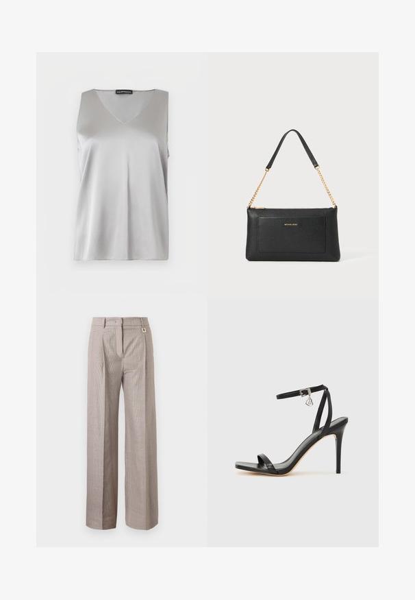 Haut sans manches en satin argenté avec col en V et étiquette Emporio Armani sur fond blanc.; Pantalon taille haute à jambes larges avec un motif à carreaux beige et marron, plis sur le devant, passants pour ceinture, et fermeture avant dissimulée.; Sandale à talon haut noire avec une bride étroite à la cheville, bout carré, cuir lisse et accent de boucle métallique.; Pochette en cuir noir avec une texture en relief, bandoulière en chaîne dorée et une poche avant. Elle arbore un logo doré sur le devant.