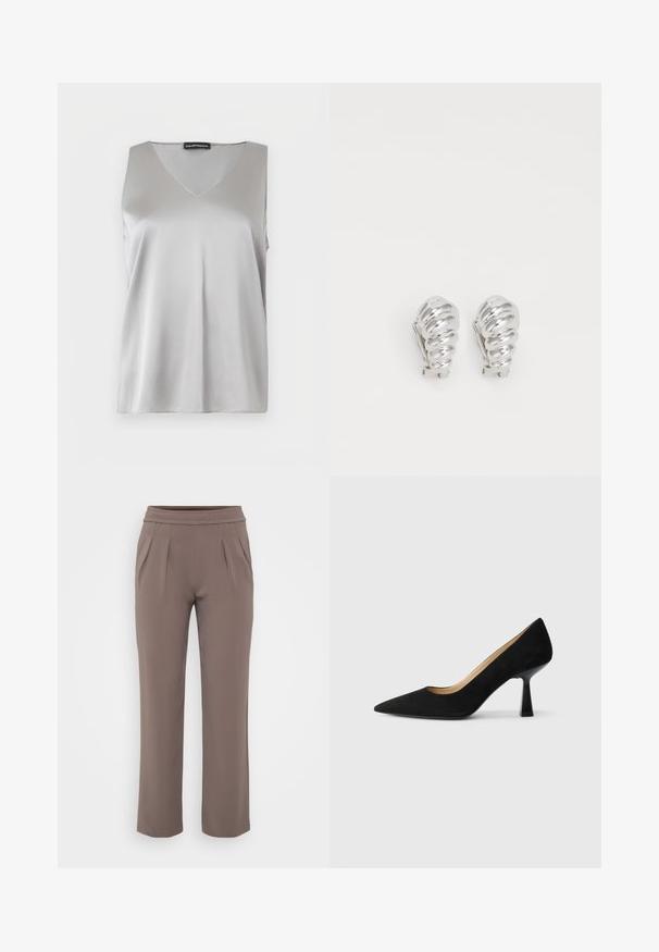 Top sin mangas de satén plateado con escote en V y etiqueta de Emporio Armani sobre un fondo blanco.; Pantalones sueltos color topo con cinturilla elástica y pliegues frontales, hechos de una tela suave.; Zapato de tacón alto de ante negro con punta afilada, que cuenta con un tacón de bloque negro brillante y un forro interior suave.; Pendientes de clip plateados con un diseño en espiral, que presentan una textura metálica suave y formas redondeadas. Sin adornos ni patrones visibles.