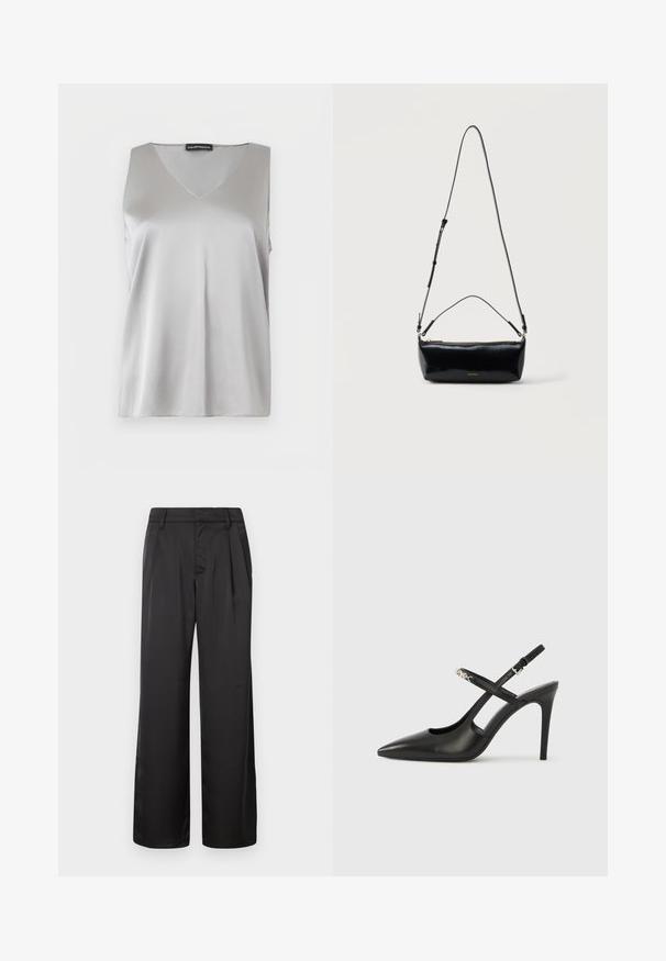 Haut sans manches en satin argenté avec col en V et étiquette Emporio Armani sur fond blanc.; Pantalon noir à jambes larges en tissu lisse, avec un devant plissé, des poches latérales et une ceinture cintrée.; Escarpins slingback en cuir noir avec bout pointu, design ajouré et bride ajustable ornée de ferrures métalliques.; Sac bandoulière rectangulaire en cuir noir avec bandoulière ajustable, fermeture éclair sur le dessus et petit logo Calvin Klein doré sur le devant.