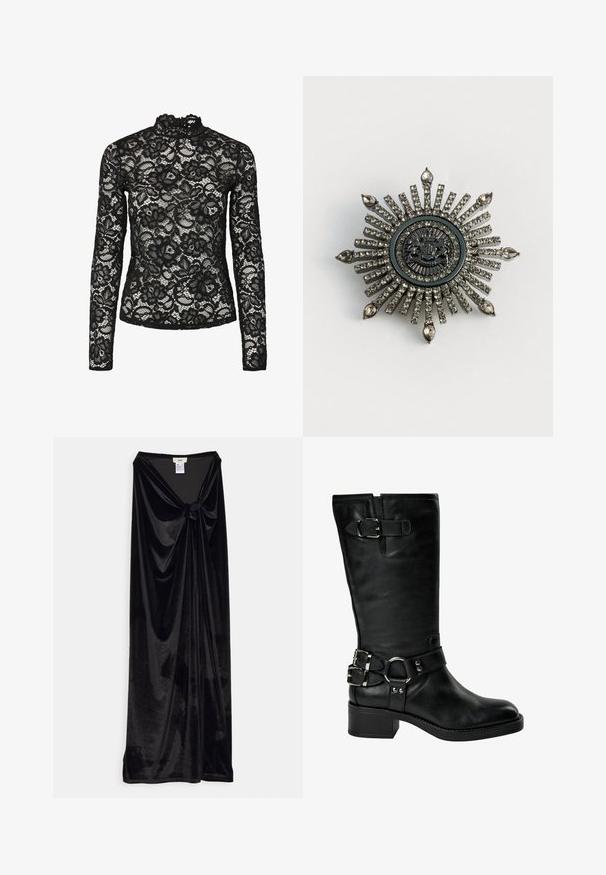 Haut en dentelle noire à manches longues avec col haut agrémenté d'une bordure à volants, motifs floraux et texture transparente. Conçu pour un ajustement près du corps.; GmbH LONG SKIRT WITH A KNOT - Jupe longue - black; Botte noire en cuir jusqu'au milieu du mollet avec un talon bas carré, deux boucles argentées à la cheville, une boucle près du haut, et une sangle avec un détail en anneau métallique.; Broche en forme d'étoile en métal argenté avec des strass clairs. Le design central présente un emblème circulaire avec des détails délicats.