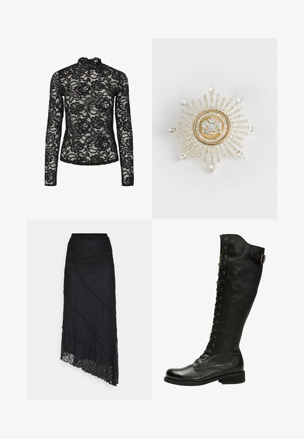 Sort blonde top med lange ærmer, der har en høj hals med flæsedetaljer, blomsterprint og en gennemsigtig tekstur. Designet til en tætsiddende silhuet.; ONLY ONLKIM SLIT - Maxinederdele - black; Sorte læder knæhøje støvler med snørebånd foran, sølvøjer og sidebælte. Har en tekstureret overflade og stablet hæl.; Guld- og sølvbroche formet som en solstråle, med en central klar ædelsten og strålende rækker af små klare krystaller, samt dråbeformede accenter.
