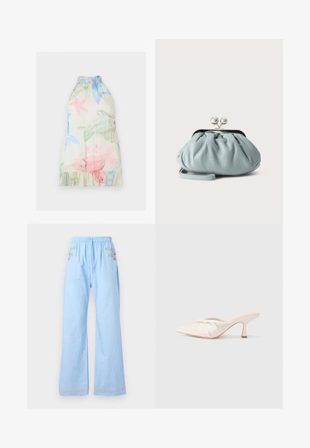 Ärmelloses beiges Kleid mit pinken und grünen Fischen sowie blauen und pinken Seesternen, mit hohem Kragen und Volant-Saum.; Hellblaue Baumwollhosen mit elastischem Bund, verziert mit floralen Stickereien an der Vorderseite und kontrastierenden Abschlüssen an den Säumen.; Mule-Schuh aus hellbeigem Stoff mit einem geknoteten Design vorne, spitzer Zehe und einem schlanken, verjüngten Absatz. Insgesamt glatte Textur.; Kleine hellblaue Leder-Münztasche mit silbernem Metall-Kissenschloss und kurzem Handgelenksriemen vor einfarbigem Hintergrund.