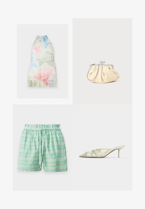 Robe beige sans manches avec imprimés de poissons roses et verts et étoiles de mer bleues et roses, avec un col montant et un ourlet à volants.; Shorts légers avec une taille élastiquée froncée, ornés de rayures verticales alternées vertes et blanches, et munis d'une ceinture à nouer.; Mule blanche en satin à bout pointu avec des détails froncés et un talon fin de hauteur moyenne sur fond uni.; Pochette en cuir beige plissé avec un cadre en métal argenté, dotée de deux fermoirs ronds décoratifs et d'une chaîne en argent.