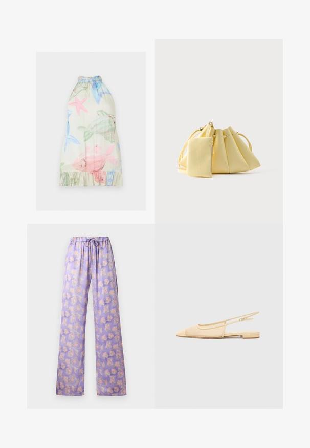 Ærmeløs beige kjole med pink og grønne fisk samt blå og pink søstjerner, med høj hals og flæsekant.; Lyslilla blomstrede bukser med elastisk talje og snor. Har et blødt stof, vidde ben-design og et mønster af pink og grønne blomster.; Slingback fladsko i lys beige med en mesh-overdel, spids tå og en lav hæl. Har en justerbar strop for bedre pasform.; Blød gul håndtaske med snørelukning og en tilhørende lille lynlås-pung, sat mod en ensfarvet hvid baggrund.