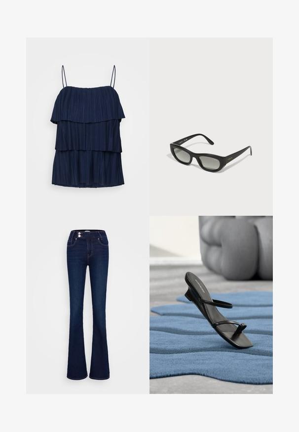 Top sin mangas de color azul marino con tres volantes en capas y tirantes delgados ajustables. Fabricado con una tela texturizada con pliegues verticales.; Vaqueros azules oscuros acampanados hechos de mezclilla, con cintura alta, dos bolsillos delanteros y cierre de cremallera y botón con costuras en contraste.; Sandalia negra con tiras y lazo para el dedo en una alfombra texturizada azul, con un gran objeto decorativo gris desenfocado en el fondo.; Gafas de sol negras con un marco rectangular y elegante. Equipadas con lentes de degradado oscuro y la marca "vogue" en dorado en las patillas.