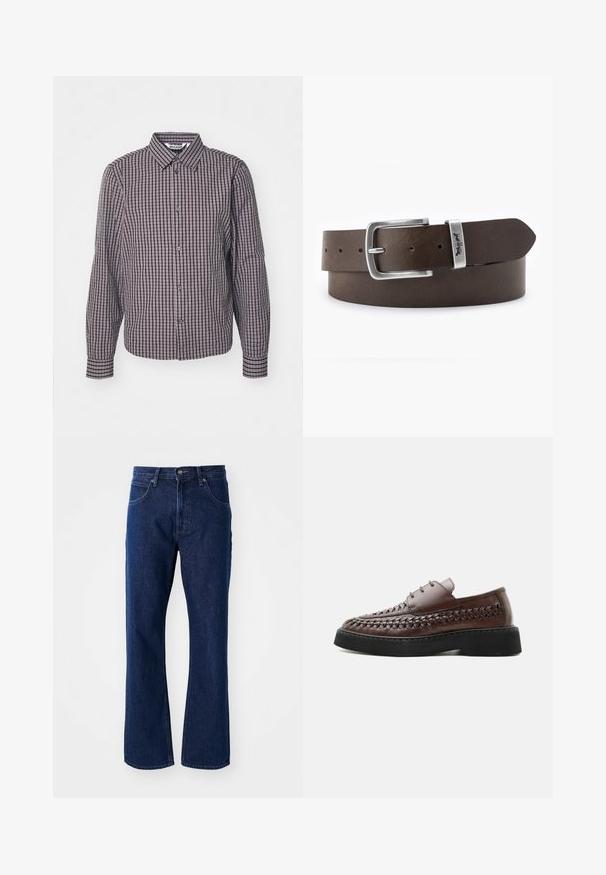 Overhemd met lange mouwen, een verticaal en horizontaal navy en bordeauxrood ruitpatroon, kraag en twee voormiddelen.; Donkerblauwe rechte denim jeans met knoop- en ritsluiting, riemlussen en voorzakken tegen een effen achtergrond.; Bruine leren veterlaars met geweven details langs de zijkanten en een dikke zwarte plateauzool, getoond in profiel op een witte achtergrond.; Bruine leren riem met een zilverkleurige metalen gesp, voorzien van een rechthoekige vorm en meerdere gaten voor maatverstelling.