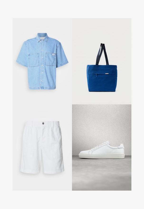 Camisa de mezclilla de manga corta en azul claro que incluye un cierre frontal con botones, dos bolsillos en el pecho y un cuello clásico. Detalles de costura destacados.; Shorts de lino blanco con una cintura elástica y un botón de metal. Presenta dos bolsillos laterales y un diseño de corte relajado.; Zapatilla blanca con parte superior de cuero liso y perfil bajo. Presenta una puntera redondeada, seis ojales y una suela de goma texturizada.; Bolsa de lona azul con un bolsillo frontal con cremallera, correas dobles para el hombro y forma rectangular. Cuenta con una etiqueta de marca sutil.