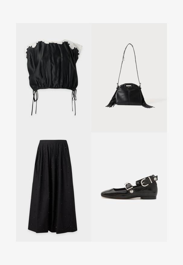 Blouse en satin noir avec accents en dentelle blanche aux épaules, manches courtes, ourlet élastique et liens coulissants latéraux sur fond uni.; Jupe longue plissée noire avec de petites perles noires et argentées éparpillées et une taille ajustée.; Ballerine en cuir verni noir avec un bout carré, sangle de cheville avec des détails en métal argenté et semelle plate. Texture lisse avec un design minimaliste.; Sac à main en cuir noir avec longue bandoulière, petite poignée supérieure et franges sur les deux côtés, présenté sur un fond uni.