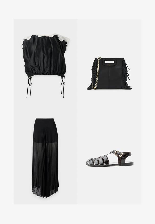 Blouse en satin noir avec accents en dentelle blanche aux épaules, manches courtes, ourlet élastique et liens coulissants latéraux sur fond uni.; Pantalon noir taille haute à jambes larges et plissées, avec tissu transparent de mi-cuisse jusqu'à l'ourlet, présenté sur un fond uni.; Sandale de pêcheur en cuir noir avec bout ouvert, multiples brides et fermeture à boucle dorée sur une semelle plate, vue de profil.; Sac à main en cuir noir avec des détails en franges, chaîne dorée pour l'épaule et une poignée découpée. Présente le logo sur le devant.