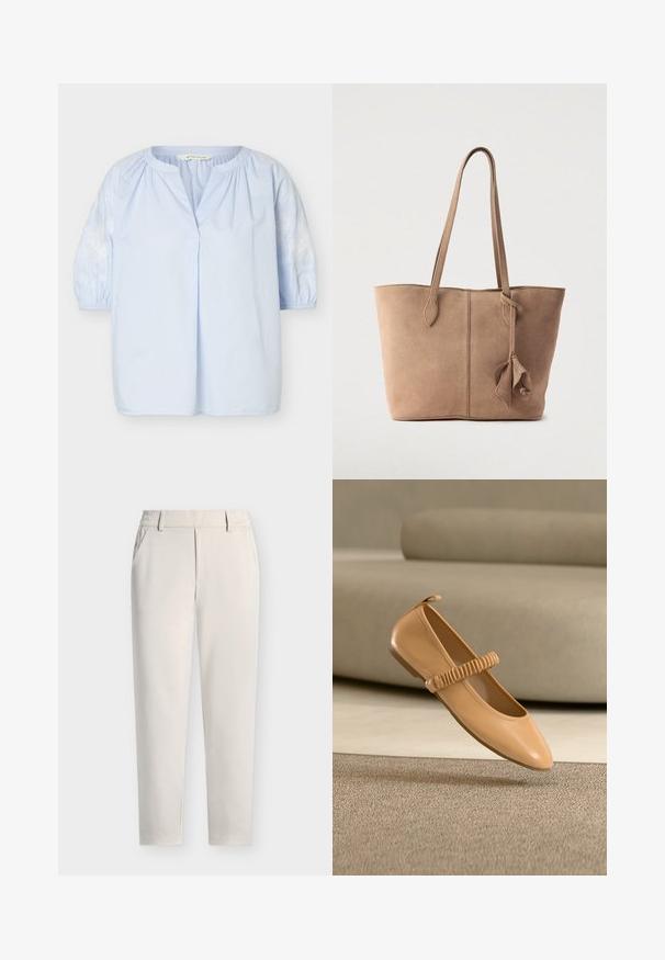 Blouse bleu clair avec manches trois-quarts bouffantes, broderie florale blanche sur les manches, encolure ronde avec une petite fente à l’avant.; Pantalon beige droit avec passants pour ceinture, poches latérales et fermeture éclair à l'avant sur un fond uni.; Chaussure Mary Jane plate marron clair avec bride froncée flottant au-dessus d'un tapis beige devant un canapé assorti.; Sac fourre-tout en daim beige doux avec deux longues anses, un design simple et un détail noué sur le côté. Texture lisse sur toute la surface.