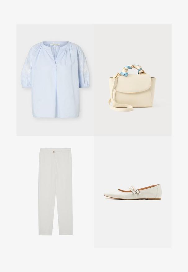 Blusa azul claro con mangas abullonadas tres cuartos, bordado floral blanco en las mangas, escote redondo con una pequeña abertura frontal.; Pantalones blancos, ajustados, con un diseño de pierna recta, que cuentan con un cierre de botón, lazos para cinturón y bolsillos laterales; textura de tela suave.; Bailarinas de charol blanco con punta afilada, dos tiras decorativas con hebillas plateadas y una plantilla sutilmente marrón.; Bolso de mano color crema con cierre de solapa, correa de hombro desmontable y tela floral azul y crema retorcida envolviendo el asa superior.