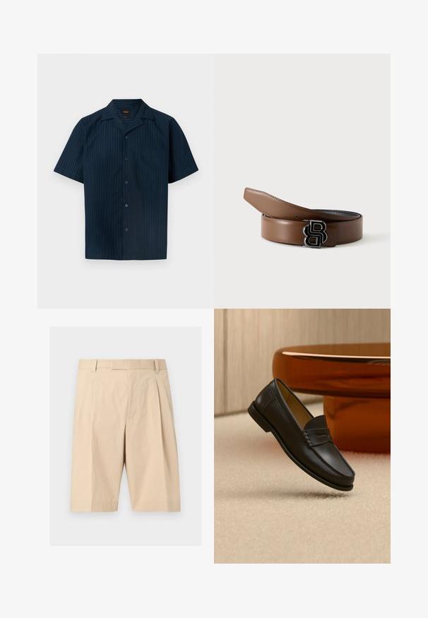 Chemise homme bleu marine à manches courtes avec boutons, rayures verticales subtiles et une poche poitrine.; Shorts beige mi-long cintrés avec passants pour ceinture, plis à l'avant et fermeture éclair cachée sur le devant.; Chaussure mocassin en cuir noir suspendue au-dessus d’un tapis beige avec du mobilier moderne couleur ambre en arrière-plan.; Ceinture en cuir marron avec boucle double-B en métal noir, partiellement déroulée sur un fond clair