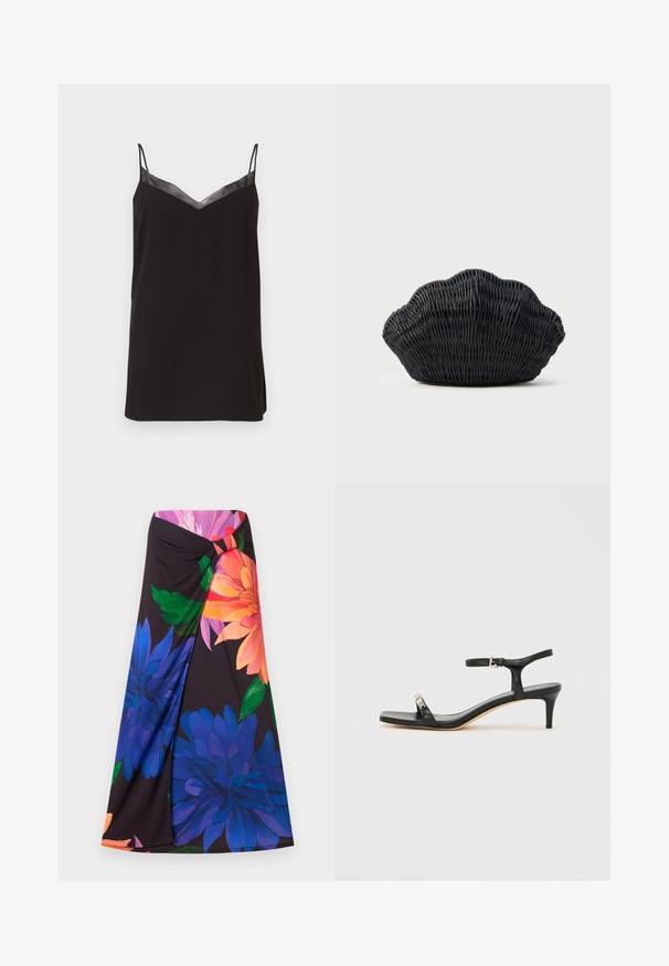 Camisole noire avec des bretelles fines et réglables et un décolleté en V, arborant une bordure en satin au niveau du col. Tissu lisse avec une coupe décontractée.; Jupe maxi florale avec un fond noir, mettant en avant de grandes fleurs bleues et orange. Design noué à la taille avec un accent rouge. Tissu doux.; Sandale noire en cuir à talon avec bride à la cheville, bout ouvert, devant carré et accent en métal argenté. Design ajusté avec un profil élégant.; Sac à main en osier noir en forme de coquille Saint-Jacques avec un dessus courbé et une texture tressée sur un fond uni.
