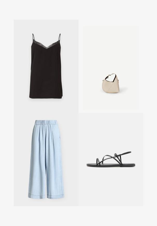 Camisole noire avec des bretelles fines et réglables et un décolleté en V, arborant une bordure en satin au niveau du col. Tissu lisse avec une coupe décontractée.; Pantalon bleu clair à jambes larges avec une taille élastiquée froncée et un tissu ample et fluide.; Sandales plates noires avec de fines brides croisées, design à bout ouvert et semelle minimaliste. Comprend un petit détail de boucle pour l'ajustement.; Sac à main en cuir beige en forme de croissant avec une seule bandoulière et des coutures minimalistes, posé sur un fond blanc uni.
