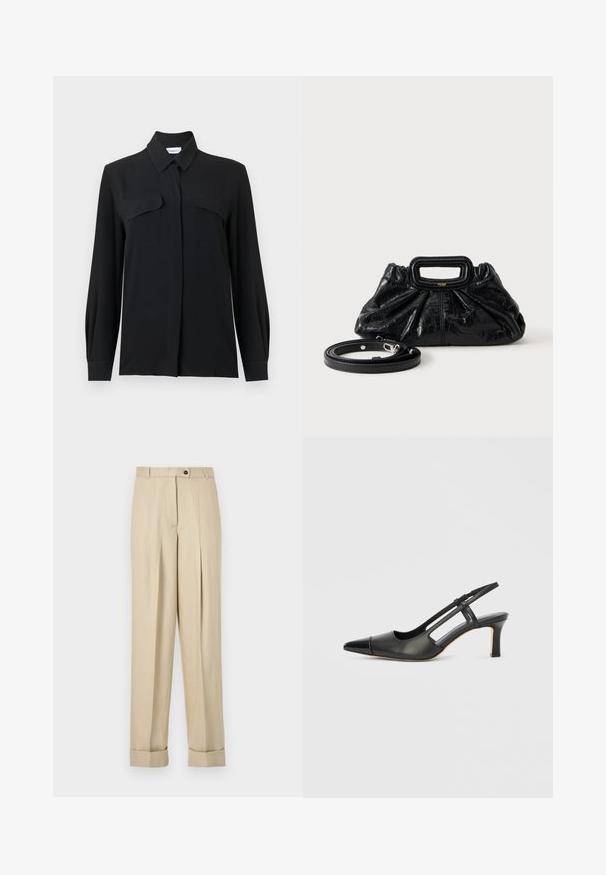 Blouse noire à boutons, réalisée en tissu léger, avec un col pointu, des manches longues et deux poches poitrine avec rabats.; Pantalon beige taille haute avec plis, passants pour ceinture, fermeture par bouton et zip, et ourlets retroussés sur un fond uni.; Chaussure à bride arrière en cuir noir avec bout pointu, dotée d'un accent brillant sur le bout et d'un talon de hauteur moyenne. Design latéral ouvert.; Petit sac à main en cuir noir avec texture froncée, poignée rectangulaire et fine bandoulière amovible placée à côté.