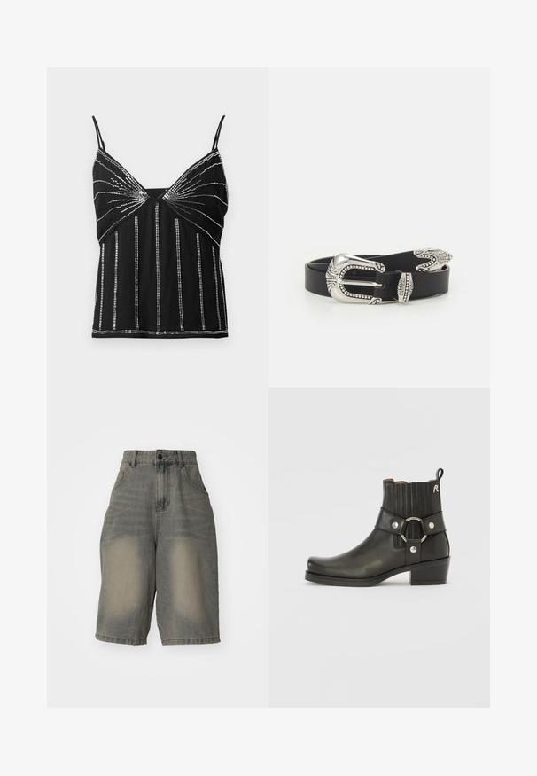 Top sin mangas negro con tirantes delgados, decorado con patrones verticales y de rayos de sol de cuentas plateadas reflectantes.; Jaded London LIGHT WASH JUMBO JORTS - Shorts vaqueros - light wash; Botín de cuero negro con puntera redondeada, lados elásticos acanalados, un detalle en forma de anillo metálico y un tacón bajo cuadrado.; Cinturón de cuero negro con una gran hebilla de metal plata que presenta un detallado intrincado y acentos decorativos en ambos extremos.