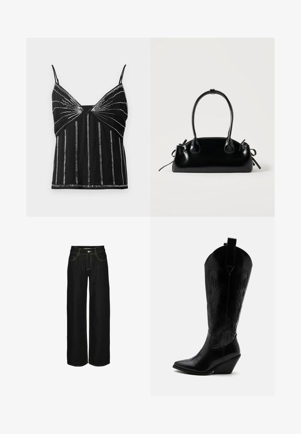 Sort ærmeløs top med tynde stropper, dekoreret med vertikale og strålemønstre af reflekterende sølvperler.; Sorte wide-leg jeans lavet af denim med kontrasterende gul syning. Har en knaplukning og flere lommer.; Sort læder cowboystøvle med spidst tåparti, skråt blokhælhæl, dekorative sømme og trækstropper øverst mod hvid baggrund.; Lille sort blank håndtaske med to lange håndtag og snøre-detaljer i siden på en ensfarvet lys baggrund.