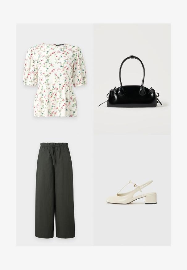 Blusa blanca con estampado floral colorido, con mangas cortas abullonadas y un corte holgado. Hecha de una tela ligera y texturizada.; Pantalones de pierna ancha en tejido verde oscuro, con una cintura elástica y una textura suave, sin herrajes visibles ni patrones.; Zapato slingback de charol beige con punta redondeada, diseño de tirante en T y un tacón bloque grueso con un acento negro.; Pequeño bolso negro brillante con dos asas largas y detalles de cordón lateral sobre un fondo claro liso.