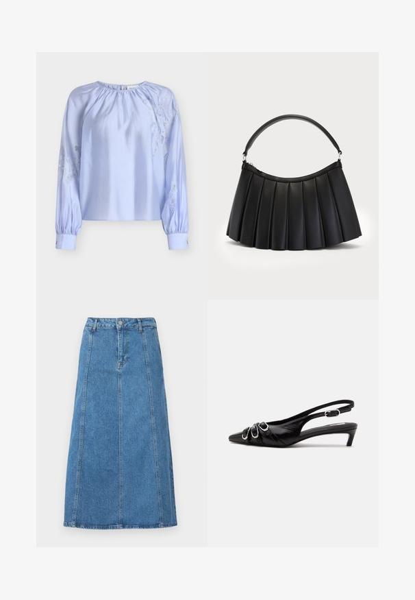 Hellblaue Bluse aus Satin, mit gerafftem Ausschnitt und langen, gepufften Ärmeln mit Spitzenstickerei-Akzenten auf beiden Seiten.; Jeans Midi-Rock in Hellblau mit geradem Schnitt, Knopfverschluss vorne, fünf Schlaufen für einen Gürtel und zwei seitlichen Eingrifftaschen.; Schwarzer Lederslingback mit spitzer Spitze, drei silbernen Schnallen vorne und niedrigem Kittenabsatz auf weißem Hintergrund.; Schwarze plissierte Handtasche aus synthetischem Leder, mit einem gebogenen Griff und einem Reißverschlussverschluss oben. Glatte Textur mit strukturiertem Design.
