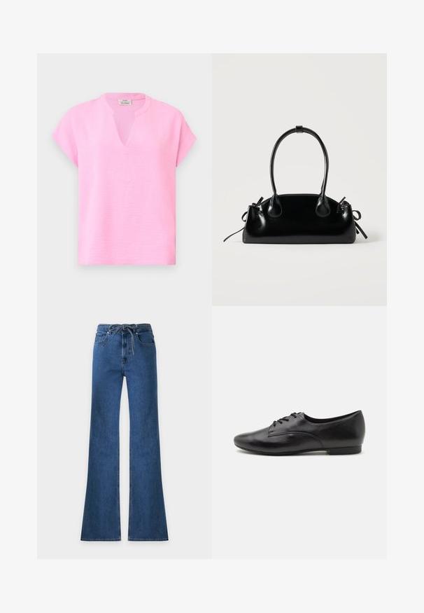 Blusa de manga corta color rosa claro con tela texturizada, una pequeña abertura en forma de V en el cuello y cuello redondo sobre un fondo blanco liso.; Vaqueros azules de denim con pierna ancha, cinco bolsillos y un cordón en la cintura, mostrados sobre un fondo liso y claro.; Zapatos de cuero negro con cordones, de textura suave, punta redonda, tacón bajo y diseño simple. Vista lateral que enfatiza la forma elegante y las costuras.; Pequeño bolso negro brillante con dos asas largas y detalles de cordón lateral sobre un fondo claro liso.