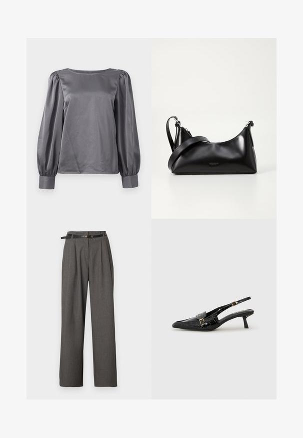 Blouse en satin gris avec un col rond, des manches longues bouffantes et des poignets ajustés. Texture lisse, finition légèrement brillante.; Pantalon gris taille haute avec plis et poches latérales, stylisé d'une fine ceinture noire avec une boucle ronde dorée.; Escarpins slingback en cuir verni noir avec bout pointu, texture crocodile, accents de boucles dorées et talon bas.; Sac à main en cuir noir avec une texture lisse. Dispose d'une bandoulière adjustable et d'un design élégant et minimaliste avec une fermeture éclair.