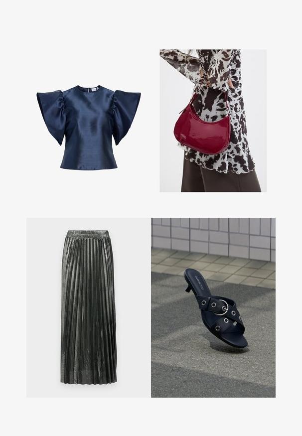 Blouse en satin bleu marine avec de larges manches papillon froncées et un col rond, avec une petite fermeture à bouton dans le dos.; Jupe plissée métallisée vert foncé avec une taille élastique, dotée de plis verticaux et d'une texture lisse, atteignant la longueur mi-mollet.; Sandale noire à talon avec des brides croisées ornées d'œillets argentés et une boucle ronde, posée sur un pavement texturé près d'un mur carrelé.; Femme portant un chemisier à motif noir et blanc tenant un sac à main rouge brillant sur un fond uni.