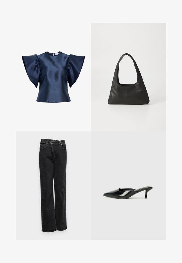 Marineblaue Satinbluse mit weiten, gerafften Schmetterlingsärmeln und rundem Ausschnitt, mit kleinem Knopfverschluss hinten.; Schwarze Denim-Jeans mit geradem Schnitt, ausgestattet mit einem Knopfverschluss, fünf Taschen, subtiler Textur und ungesäumten Säumen.; Schwarze Lackleder-Mules mit spitzem Zeh, niedrigem Kitten-Heel und geschwungenen Seiten, die ein glänzendes Finish und ein minimalistisches Design aufweisen.; Schwarze Lederhandtasche mit dreieckiger Form, einem großen Ausschnittgriff und detaillierter Naht entlang der Kanten. Glatte Textur.