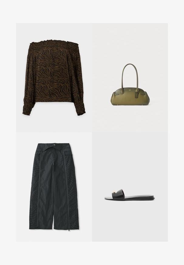 Off-shoulder langærmet bluse med brun og sort tigerstribet mønster, elastisk halsudskæring og manchetter, løs pasform.; Sort brede bukser lavet af letvægtsmateriale, der har teksturerede mønstre på siderne og lynlåsåbninger ved kanten.; Sorte slidesandaler med en bred overdel, glat læderstruktur, åbent tådesign og gulddetalje på remmen. Flad sål.; Olivengrøn læderhåndtaske med en struktureret form, dobbelthåndtag, diskrete syninger og et mærke fastgjort med en guldkæde.