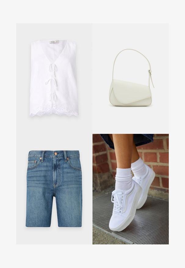 Haut sans manches blanc avec un décolleté en V profond et des détails en dentelle à l'ourlet. Équipé d'une fermeture à nouer à l'avant et d'un tissu texturé.; Shorts en denim bleu clair, présentant une coupe classique, cinq poches et des accents cuivrés pour le contraste. Tissu texturé de poids moyen.; Baskets en toile blanches avec semelles en caoutchouc, dotées de six œillets, d'un bout rond et de détails de couture légers, portées avec des chaussettes blanches mi-mollet.; Sac à main en cuir synthétique blanc avec une forme triangulaire structurée, une bandoulière unique réglable et un rabat à courbes accentuées.