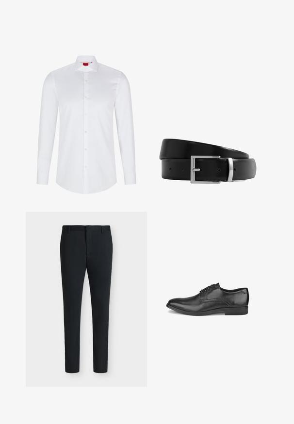 Valge pika varrukaga nööbiga shirts, mis on valmistatud siledast puuvillast. Sellel on klassikaline krae, täisnööbiplokk ja ümar hem.; Mustad kitsad lõikega pidulikud püksid vööaasad, esytõmblukuga ja nähtavate taskuteta, kuvatud valgel taustal.; Mustast nahast meeste pidulik king, paeltega, madala kontsa ja siledalt poleeritud viimistlusega, näidatud välisküljelt.; Mustast nahast rihm hõbedase ristkülikukujulise pandlaga ja mitme reguleerimisaauguga, keerdus valgel taustal.