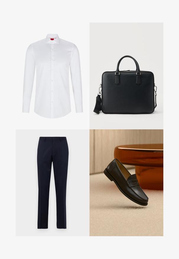 Witte lange mouwen knoopsluiting shirt gemaakt van soepel katoen. Beschikt over een klassieke kraag, volledige knoopsluiting en afgeronde zoom.; Navy blauwe slim-fit formele broeken met riemlussen en doorgestikte plooien, weergegeven tegen een effen witte achtergrond.; Zwarte leren loaferschoen zwevend boven een beige tapijt met amberkleurige moderne meubels op de achtergrond.; Zwarte aktetas van getextureerd leer met twee handvatten en een afneembare schouderband, met een zilveren rits en metalen beslag.