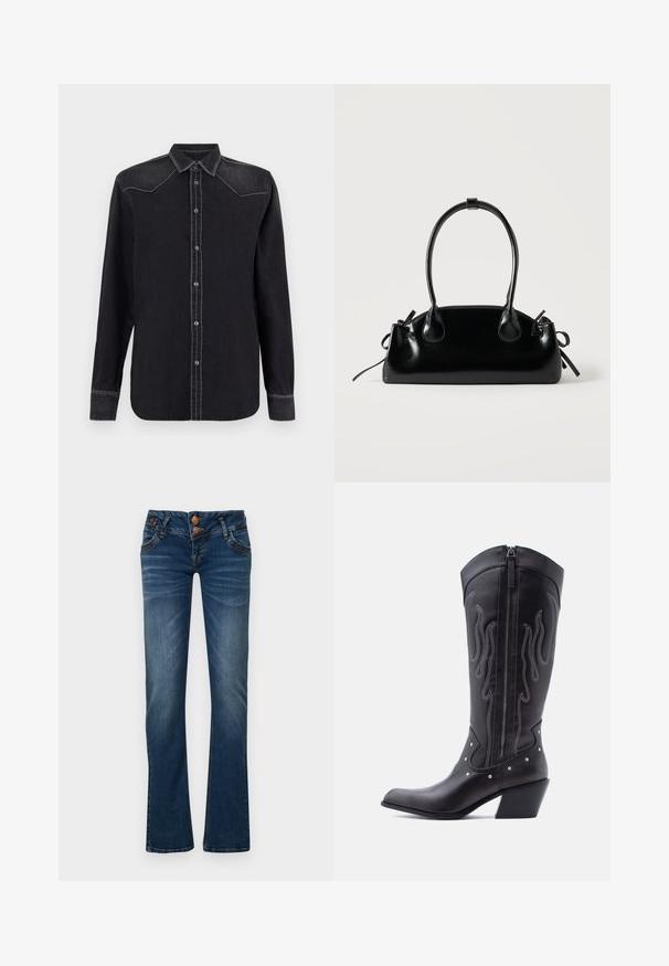 Replay SHIRT - Paitapusero - black; Tummansiniset bootcut-farkut, joissa on kaksi etunappia, viisi taskua ja hienoa haalistumaa reisissä ja polvissa.; Mustat nahkaiset cowboy-saappaat, joissa on terävä kärki, näkyvät tikkaukset, hopeiset niittikoristeet ja vetoketjusuljin saappaiden sisäsivulla.; Pieni musta kiiltävä käsilaukku, jossa on kaksi pitkää kantokahvaa ja sivulla nyöritys yksityiskohtia yksinkertaisella vaalealla taustalla.