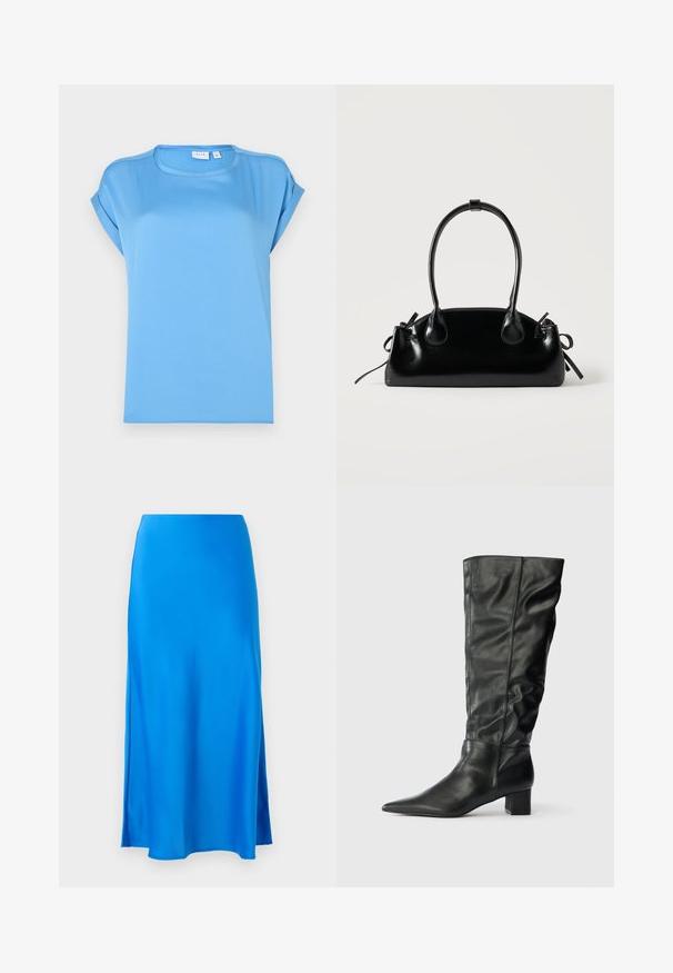 Camiseta de manga corta color azul claro, hecha de tela suave, con cuello redondo y mangas dobladas de textura lisa.; Falda maxi de satén azul con una textura suave, forma ligeramente en A y abertura lateral, que ofrece una silueta fluida.; Botas de cuero negras hasta la rodilla que presentan una punta afilada, un eje caído y un tacón cuadrado. Textura suave con costuras mínimas visibles.; Pequeño bolso negro brillante con dos asas largas y detalles de cordón lateral sobre un fondo claro liso.