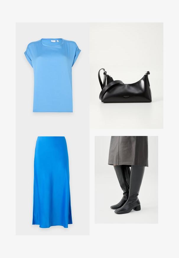 T-shirt bleu clair à manches courtes en tissu doux, avec un col rond et des manches retroussées d'une texture lisse.; Jupe maxi en satin bleu avec une texture lisse, légèrement évasée, et une fente sur le côté, offrant une silhouette fluide.; Bottes en cuir noir montant jusqu'au genou avec un bout carré, un talon bloc incliné et une fermeture éclair latérale ; texture lisse et design ajusté.; Sac à main en cuir noir avec une texture lisse. Dispose d'une bandoulière adjustable et d'un design élégant et minimaliste avec une fermeture éclair.