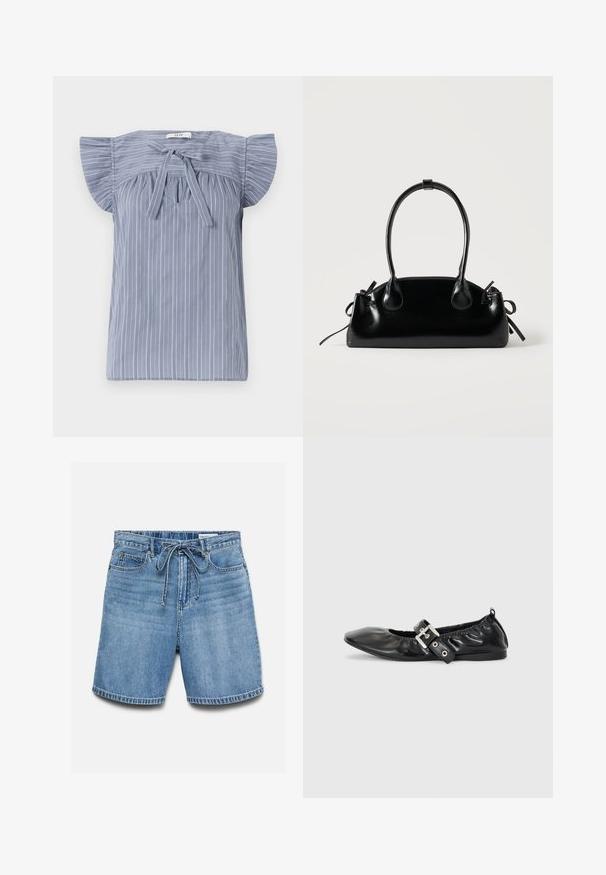 Blusa a rayas azul claro con mangas de capucha, diseñada con un lazo en el escote, con una tela texturizada y un ajuste relajado.; Pantalones cortos vaqueros azules con bolsillos delanteros y trabillas para cinturón, con cordón ajustable atado en la cintura y detalles de pliegues horizontales desteñidos.; Zapato plano de piel negra con puntera afilada, detalle fruncido alrededor de la abertura y un acento de hebilla plateada en la correa ajustable.; Pequeño bolso negro brillante con dos asas largas y detalles de cordón lateral sobre un fondo claro liso.