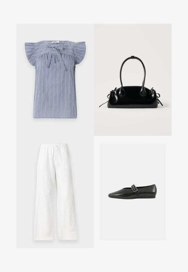 Blouse rayée bleu clair avec des manches courtes, dotée d'un nœud au niveau du col, présentant un tissu texturé et une coupe décontractée.; Pantalons larges en lin blanc avec une taille élastique et un cordon de serrage, présentant des coutures latérales et une texture lisse. Sans poches.; Chaussure plate en cuir noir avec un orteil pointu, présentant une sangle à boucle métallique sur le cou-de-pied et une semelle basse et flexible.; Petit sac à main noir brillant avec deux longues anses et des détails à cordon sur les côtés sur un fond clair uni.