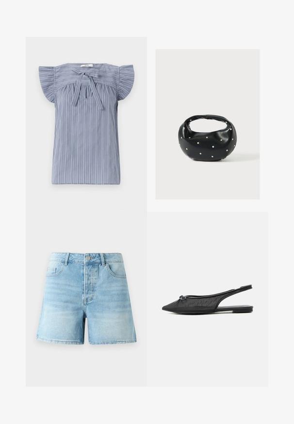 Blusa a rayas azul claro con mangas de capucha, diseñada con un lazo en el escote, con una tela texturizada y un ajuste relajado.; Shorts de mezclilla de color azul claro con un corte clásico, que presentan bolsillos frontales, un cierre de botón metálico y un ligero desgarro en la tela.; Zapato plano negro con talón de malla, punta puntiaguda y pequeño lazo en la parte superior, exhibido sobre un fondo blanco.; Bolso de mano de cuero negro con forma redondeada, decorado con detalles de tachuelas plateadas y un asa corta. Textura lisa y cierre con cremallera.