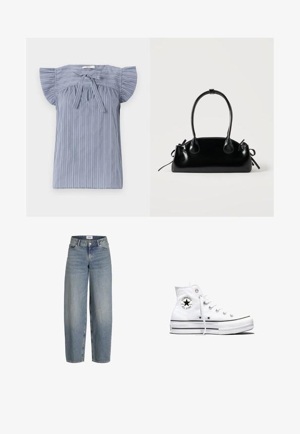 Lyseblå stribet bluse med cap ærmer, designet med en bindebånd ved halsudskæringen, fremstillet af et tekstureret stof og med en afslappet pasform.; Lyseblå, løstsiddende jeans med høj talje, lavet af denimstof. Har fem lommer og en traditionel lukning med knap og lynlås.; Hvid højtop Converse Chuck Taylor All Star-sneaker med sort logo-patch og hvide snørebånd, vist på hvid baggrund.; Lille sort blank håndtaske med to lange håndtag og snøre-detaljer i siden på en ensfarvet lys baggrund.