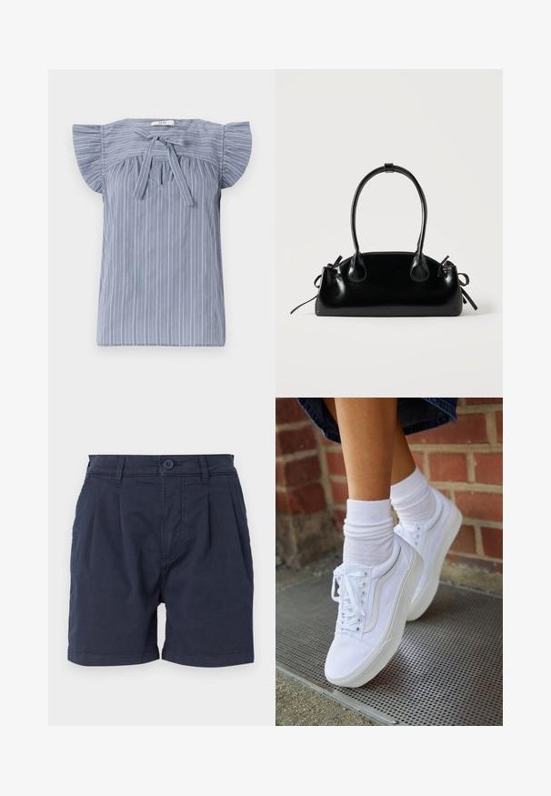 Lichtblauw gestreepte blouse met kapmouwen, voorzien van een strik bij de halslijn, gemaakt van een textuurstof en met een relaxte pasvorm.; Marineblauwe shorts van geweven stof, met een sluiting aan de voorkant met knoop, geplooid ontwerp en zijzakken. Schoon zoom aan de broekspijpen.; Witte canvas sneakers met rubberen zolen, voorzien van zes vetertjes, een ronde neus en lichte stikdetails, gecombineerd met witte enkelsokken.; Kleine zwarte glanzende handtas met twee lange hengsels en zijkant trekkoord details op een effen lichte achtergrond.