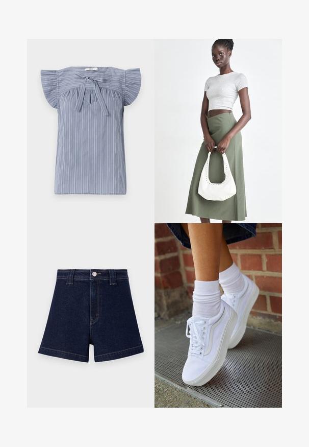 Hellbluse mit Streifen und kurzen Ärmeln, gestaltet mit einer Krawatte am Ausschnitt, aus strukturiertem Stoff und mit lockerer Passform.; Dunkelblaue Jeansshorts mit klassischem Schnitt, fünf Taschen-Design und kontrastierender gelber Naht sowie einem Metallknopfverschluss.; Weiße Leinensneaker mit Gummisohlen, ausgestattet mit sechs Ösen, runder Zehenpartie und dezenten Nähten, kombiniert mit weißen Knöchelsocken.; Grauer gerippter Croptop und olivgrüner Rock mit hoher Taille. Das Modell hält eine weiße Schultertasche mit Ausschnittdetails. Schlichte Gestaltung, taillierte Silhouette.