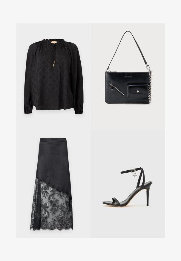Blusa negra de manga larga con escote fruncido, cordón ajustable y un sutil patrón tonal en toda la prenda. Mangas con puños elásticos.; Falda negra asimétrica con parte superior de satén sólido y superposición de encaje floral transparente en la mitad inferior.; Sandalia de tacón alto negra con una estrecha correa en el tobillo, punta cuadrada, material de cuero liso y detalle de hebilla metálica.; Bolso de hombro de cuero negro de Michael Kors con cremallera superior, bolsillo diagonal en la parte frontal con cremallera, bolsillo con solapa y botón a presión, y detalle de cadena plateada.